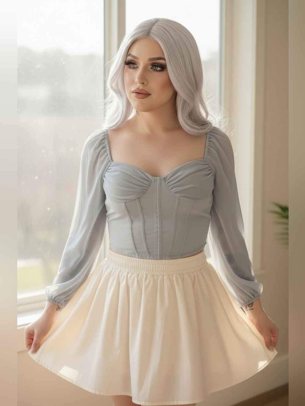 Bluebell Long Sleeve Sweetheart Corset Top Grey Blue Size L